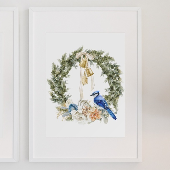 Wall Art Watercolor Blue Jay Christmas Wreath Illustration Print Card, Unframed - Picture 7 of 7